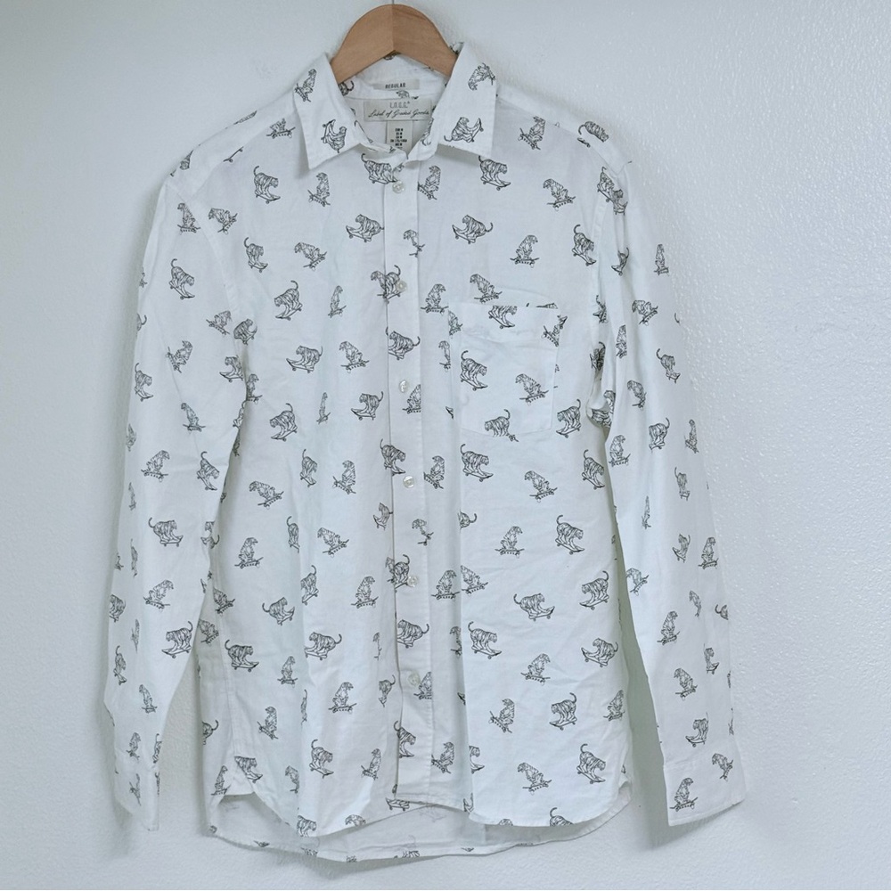 H&M L.O.G.G. Tiger on Skateboard Button Down Shirt Cotton White & Black Medium